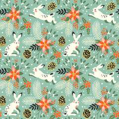 Vector seamless pattern with funny white rabbits and the traditional Christmas floral elements: mistletoe, holly, poinsettia, fir cones and fir branches. The illustration in vintage style.
