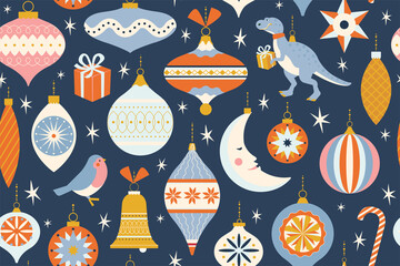 Merry Christmas and New Year card with various of Christmas toys and present in in retro mid century modern style. Winter holidays seamless pattern in vector.