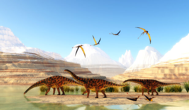 Spinophorosaurus Dinosaur Mountains - Rhamphorhynchus Pterosaurs rest on a sandbank as a herd of sauropod Spinophorosaurus dinosaurs come to drink from a swamp.