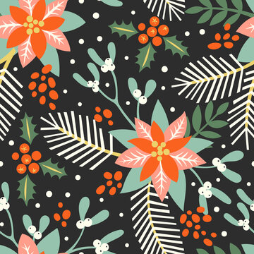 Vector seamless pattern with the traditional Christmas floral elements: mistletoe, holly, poinsettia and fir branches. The illustration in vintage style.
