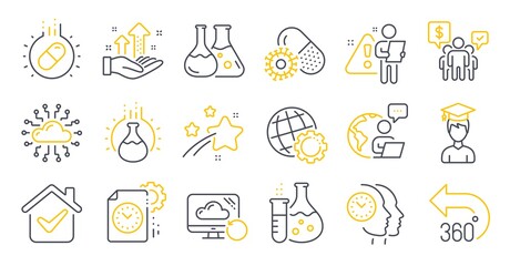 Set of Science icons, such as Chemistry experiment, Capsule pill, Student symbols. Cloud network, Time management, Recovery cloud signs. Chemistry flask, Coronavirus pills, Globe. Teamwork. Vector