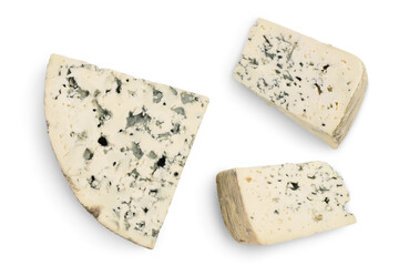 Blue cheese isolated on white background with clipping path and full depth of field. Top view. Flat lay.
