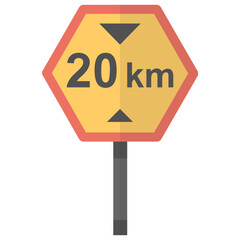 
Hexagon shaped board with speed caution, denoting speed limit icon  
