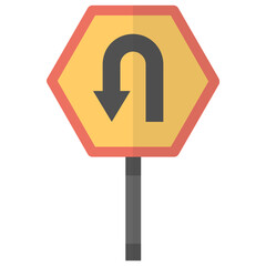 
Hexagon road side board with downward pointing curved arrow denoting no u turn ion 
