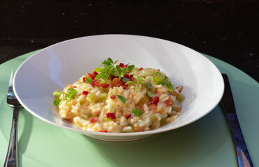 Tomato risotto with buffalo mozzarella and dwarf basil leaves on a white plate