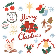 Set of traditional Christmas lettering, patterns and decorations for winter holidays