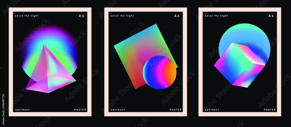 Poster set of retrofuturistic posters with glowing neon shapes: prism, pyramid, cube. synthwave and retrowa