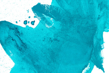 Blue splash watercolor texture background. Hand drawn turquoise abstract paint smudges, blots with brush strokes backdrop. Vibrant aquarelle smears wallpaper. The color splashing in the paper. 