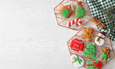 Fototapeta na wymiar Flat lay composition with delicious homemade Christmas cookies on white table. Space for text