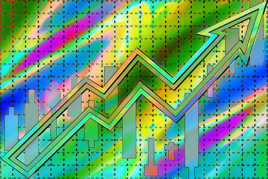 An abstract multicolored neon uptrend arrow and candlestick chart background image.