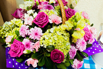 flowers blue square cloth in spring