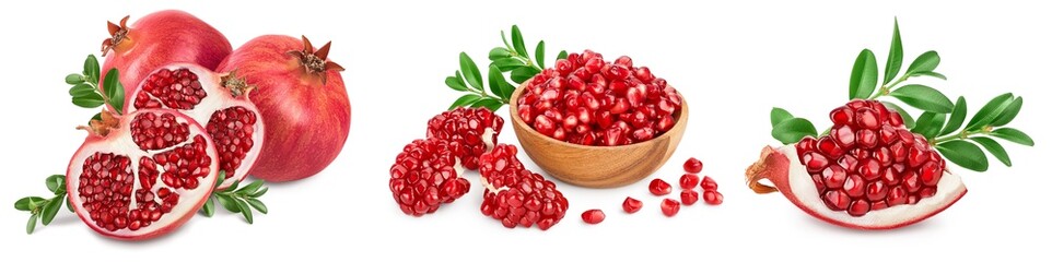 Pomegranate with leaf isolated on white background with clipping path and full depth of field. Set or collection