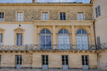 Fragments of Chateau de Rambouillet (Castle of Rambouillet, XIV century) in picturesque Public Park in town of Rambouillet. Yvelines department, Ile-de-France region, 50 km southwest of Paris. France.