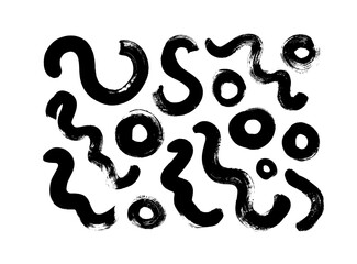 Black paint dry brush strokes vector illustrations set. Abstract monochrome acrylic swirl smudges, wavy lines isolated on white background. Black ink textured lines and hand drawn daubs collection