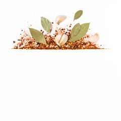 Frame of crushed red cayenne pepper, dried chili flakes and seeds isolated on a white background. Homemade spices ingredients for cooking. Seasonings for food frame.