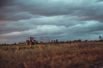 Fototapeta premium Tractor plowing the fields in the countryside by sunset. Agricultural tractor plowing the field. Red Tractor with plow. Sunset over the autumn field.