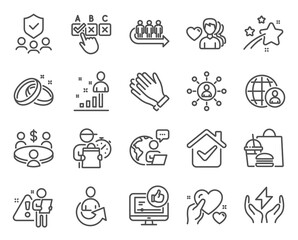 People icons set. Included icon as Stats, Safe energy, Hold heart signs. Networking, Security agency, Wedding rings symbols. Queue, Meeting, Clapping hands. International recruitment. Vector