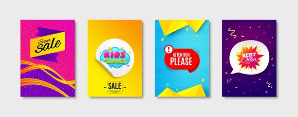 Kids games, Super sale and Attention please promo label set. Sticker template layout. Best offer sign. Playing area, Discount tag, Exclamation mark. Flyer shape. Promotional tag set. Vector