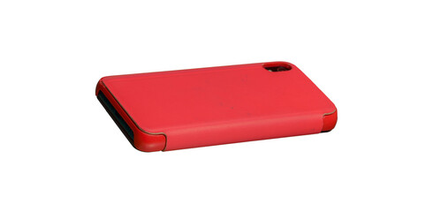 used phone in red case back view isolated