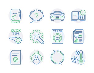 Technology icons set. Included icon as Instruction info, Refresh, Chemistry experiment signs. Question mark, Customisation, Water cooler symbols. Laundry, File settings, Tutorials. Car. Vector