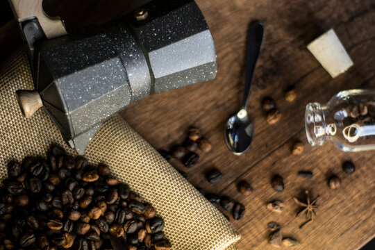 coffee beans, coffee makers, aniz, spoons, spices and others