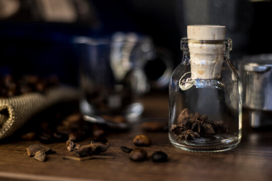 coffee beans, coffee makers, aniz, spoons, spices and others