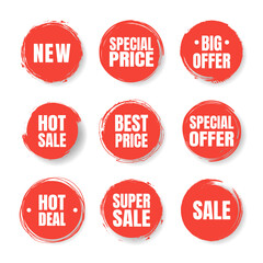 Red Blots stains of new tag label. Sale price promotion discount sticker banner watercolor paint hand drawn style.