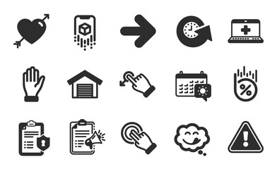 Parking garage, Privacy policy and Yummy smile icons simple set. Drag drop, Next and Medical help signs. Augmented reality, Megaphone checklist and Hand symbols. Flat icons set. Vector