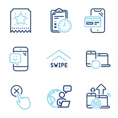Technology icons set. Included icon as 5g internet, Smile, Online shopping signs. Recovery devices, Reject click, Swipe up symbols. Exam time, Loyalty ticket line icons. Line icons set. Vector