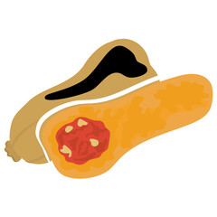 
Avocado shaped long yellow vegetable with apricot like prune inside, squash icon 
