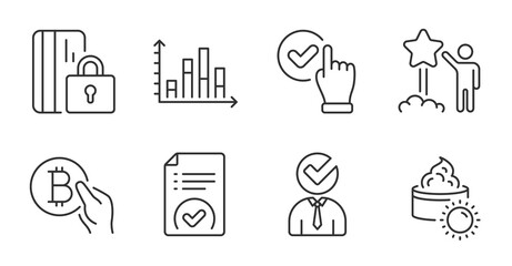 Approved document, Vacancy and Bitcoin pay line icons set. Sun cream, Diagram graph and Star signs. Blocked card, Checkbox symbols. Quality line icons. Approved document badge. Vector
