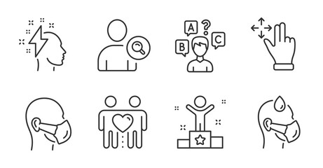 Winner, Brainstorming and Friends couple line icons set. Quiz test, Medical mask and Find user signs. Move gesture, Sick man symbols. Success award, Lightning bolt, Friendship. People set. Vector