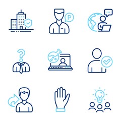 People icons set. Included icon as Hand, Share, Valet servant signs. Business idea, Online chemistry, Hiring employees symbols. Apartment insurance, Identity confirmed line icons. Vector