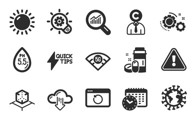 Coronavirus, Cloud download and Cogwheel icons simple set. Recovery internet, Sunny weather and 5g wifi signs. Gears, Medical drugs and Data analysis symbols. Flat icons set. Vector