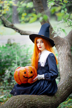 beautiful red-haired girl in the image of a witch in a halloween costume
