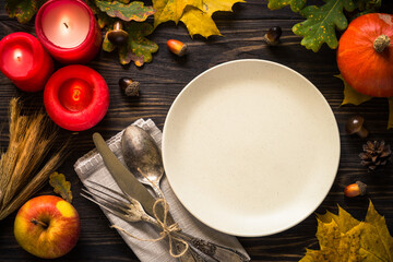 Autumn table setting top view.