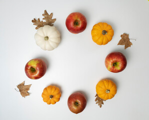 circle of apples and dry leaves, autumn layout for designers, flat lay, copy space
