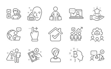 Friends chat, Face cream and Lawyer line icons set. Business statistics, Engineering team and Loyalty program signs. Payment method, Touchscreen gesture and Buyer symbols. Line icons set. Vector