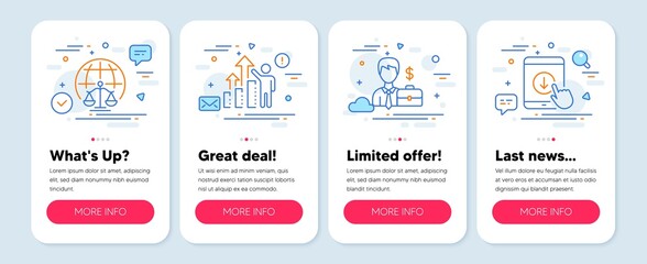 Set of Business icons, such as Magistrates court, Employee results, Businessman case symbols. Mobile app mockup banners. Scroll down line icons. Internet judgement, Chart, Human resources. Vector