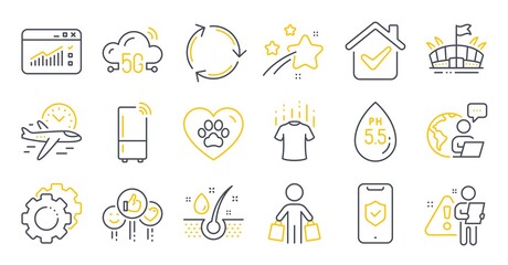 Set of Business icons, such as Settings gears, Like, Pets care symbols. Recycling, Web traffic, Flight time signs. Refrigerator, Arena, 5g cloud. Serum oil, Phone protection, Ph neutral. Vector