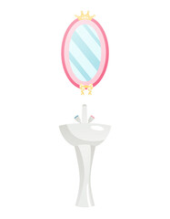 Bathroom interior with mirror and washbasin on white background.Vector cartoon illustration in a flat design. Oval mirror