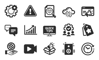 Cogwheel, Teamwork and Time change icons simple set. Loyalty tags, Graph chart and Seo marketing signs. Speakers, Cloud sync and Safe planet symbols. Flat icons set. Vector