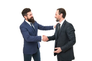 collaboration and teamwork. bearded businessmen in formal suit. mature men have own business. partnership of boss men isolated on white. business meeting. team success. collaboration concept