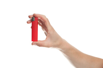 red lighter in male hand isolated on white background.