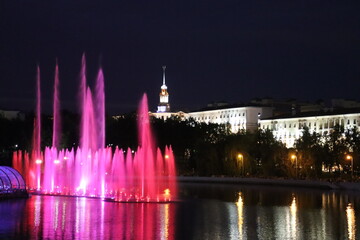 Fototapeta premium Minsk Day celebration with bright firework in river