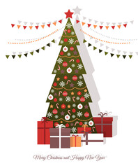 Naklejka premium Christmas tree with jewelry, garlands, star and gift boxes. Holiday card in a flat style on a white background. Merry Christmas and Happy New Year. Stoke vector illustration.
