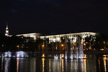 Fototapeta na wymiar Minsk Day celebration with bright firework in river