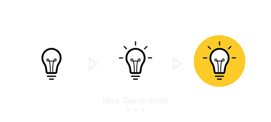 Idea generation concept with three step. Label design with light bulb and rays. Logo design. Vector illustration