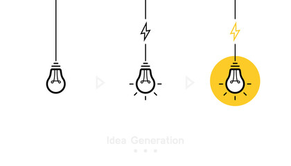 Idea generation concept with three step. Light bulb with cable and lightning bolt. Logo design. Vector illustration