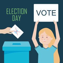 Election day design with cartoon happy woman holding up a vote placard and hand holding an election vote paper and ballot box